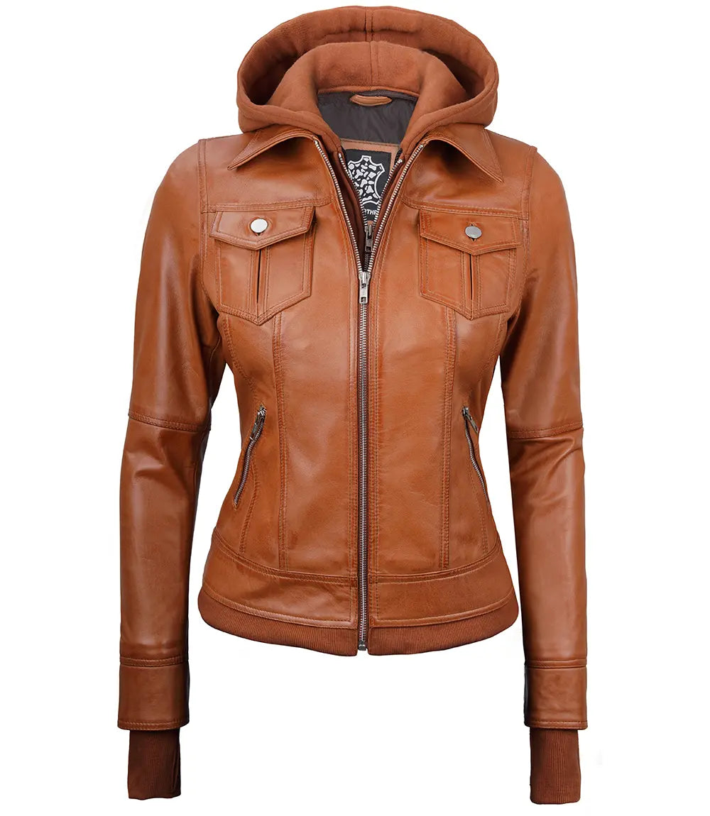 Womens Tan Waxed Bomber Detachable Hood Leather Jacket