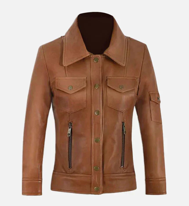 Womens Tan Leather Trucker Jacket