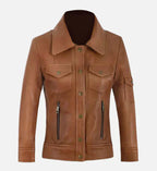 Womens Tan Leather Trucker Jacket