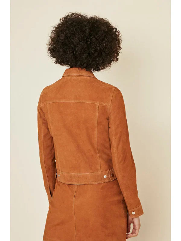Womens Tan Brown Suede Leather Trucker Jacket