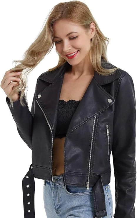 Motorcycle Cropped Leather Jacket For Women