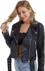 Motorcycle Cropped Leather Jacket For Women