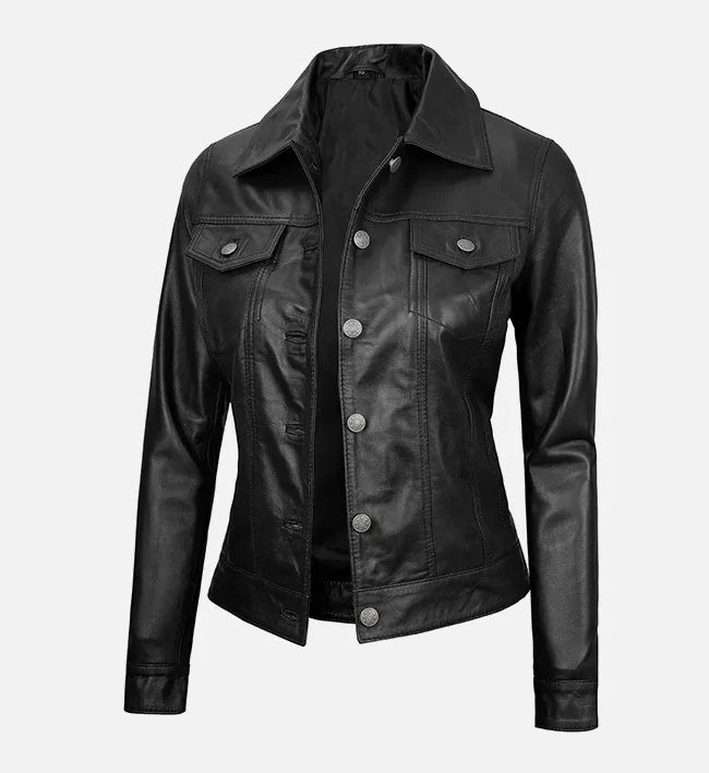 Women Black Trucker Leather Jacket