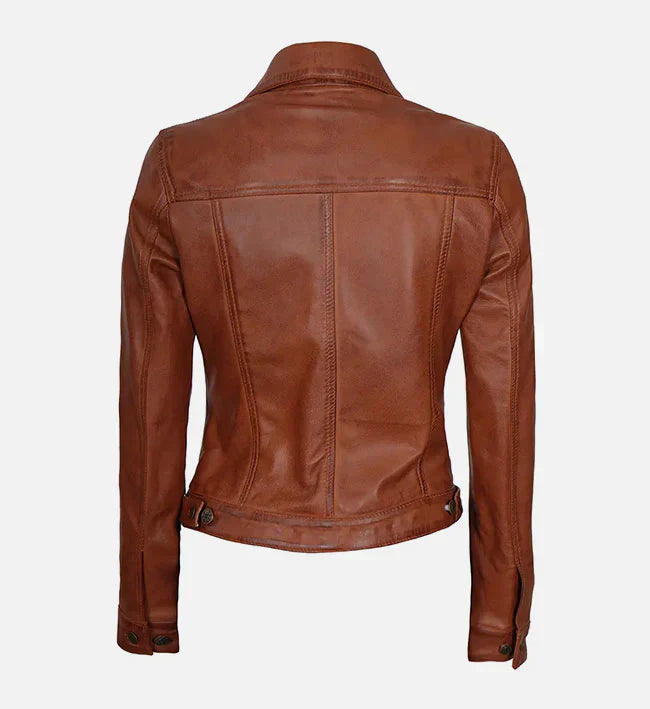 Womens Cognac Brown Trucker Leather Jacket