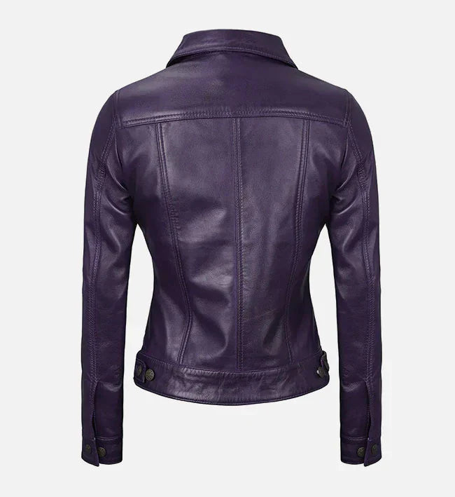 Women Purple Leather Trucker Jacket