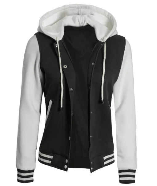 Womens Black And White Letterman Hooded Varsity Jacket