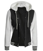 Womens Black And White Letterman Hooded Varsity Jacket