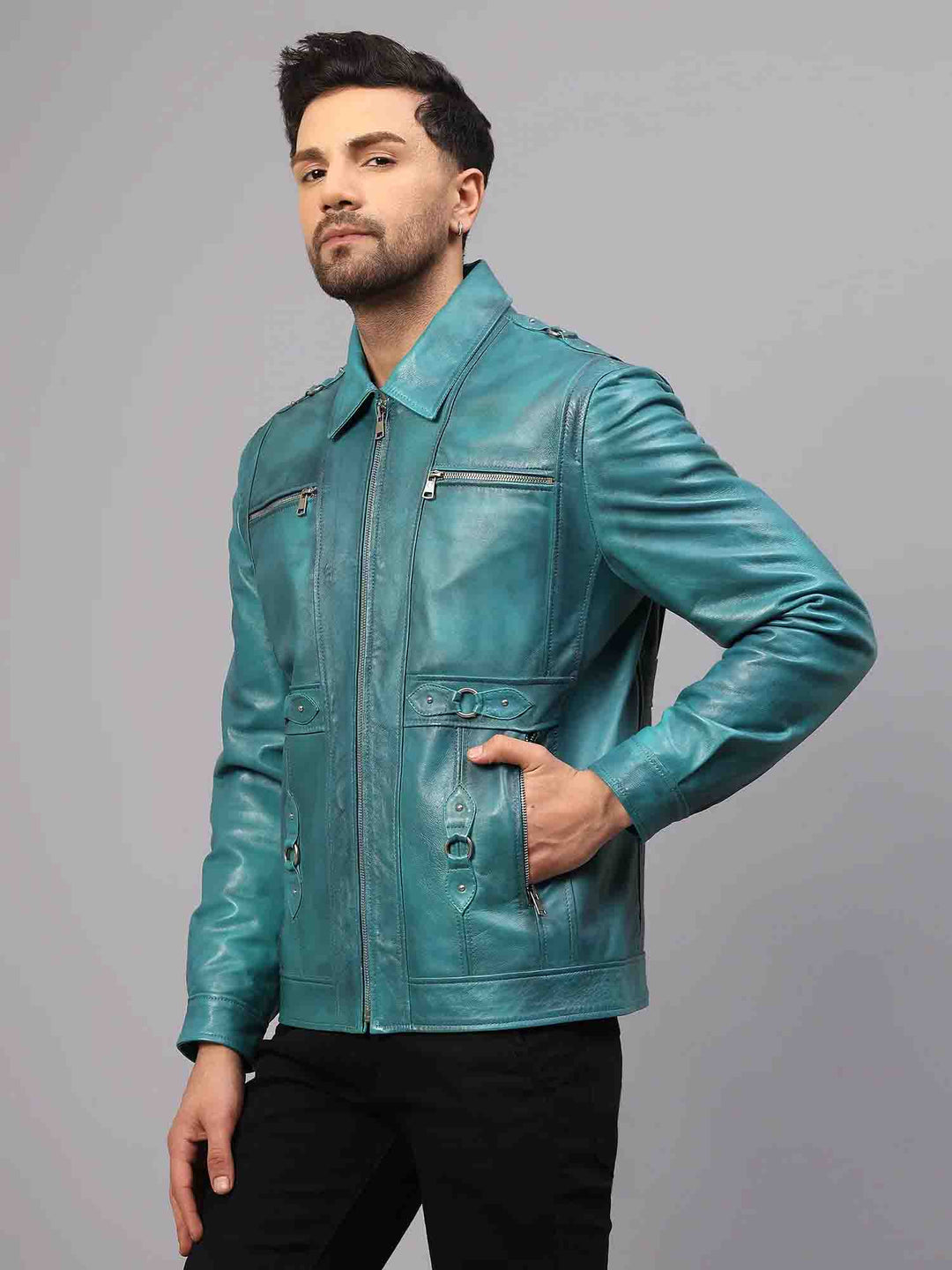 Teal Leather Mens Jacket