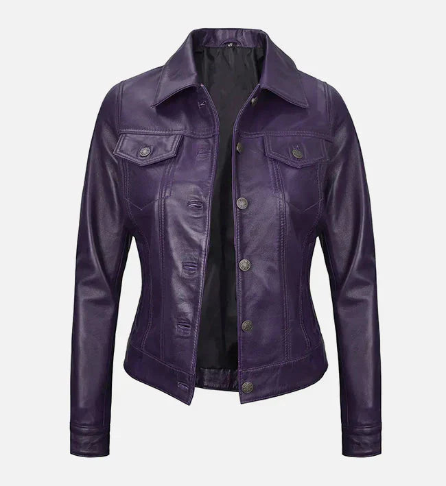 Women Purple Leather Trucker Jacket