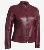 Women Maroon Cafe Racer Leather Jacket