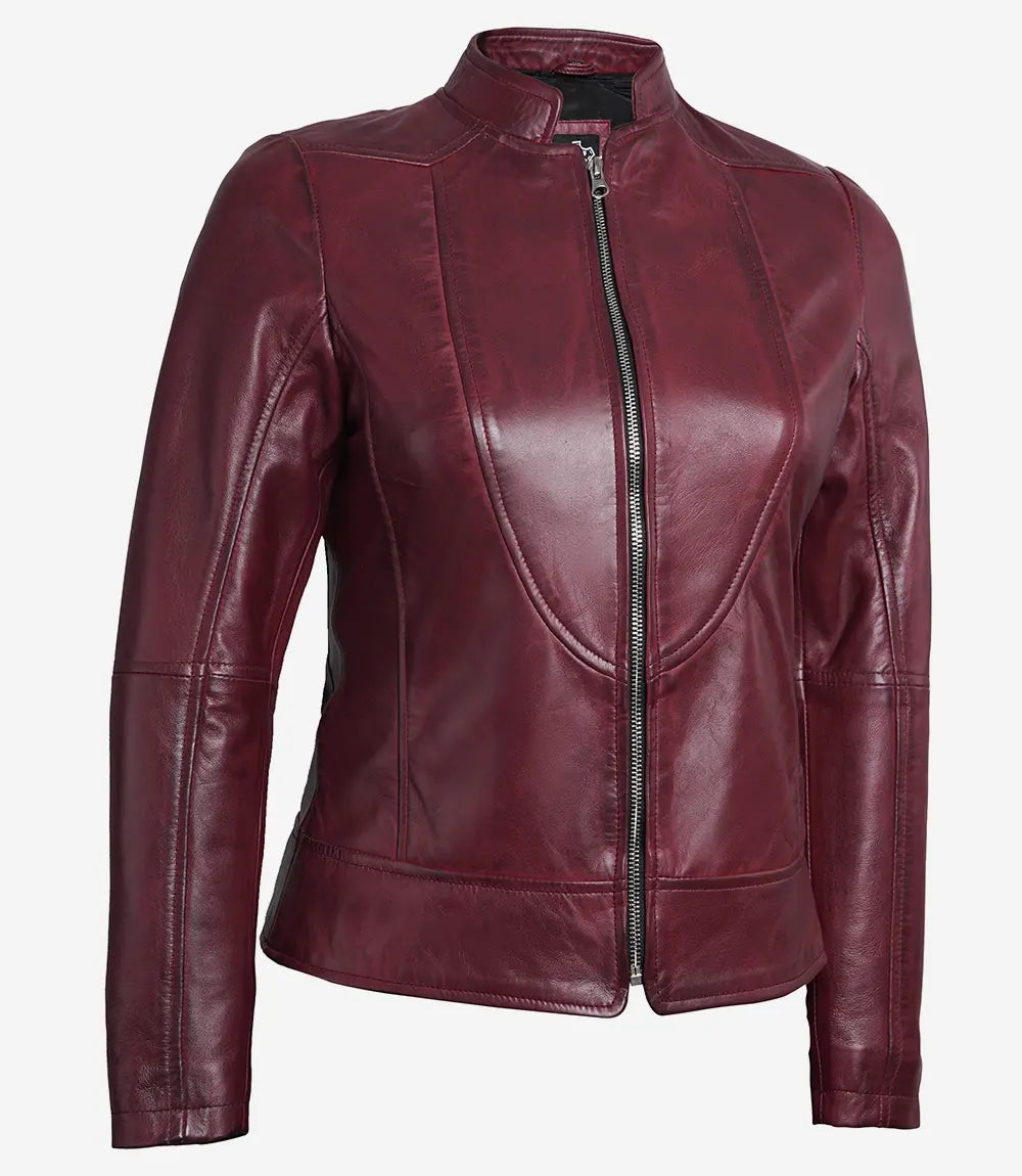 Women Maroon Cafe Racer Leather Jacket