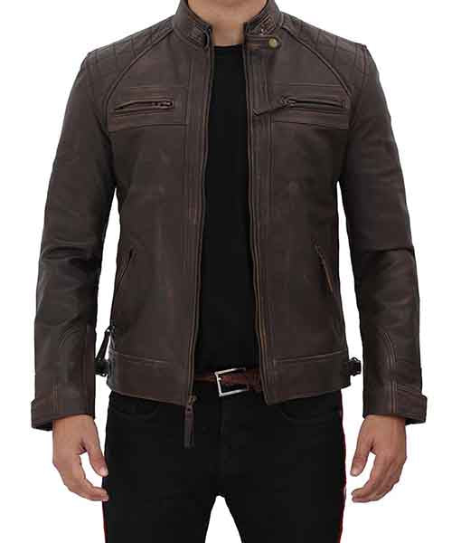 Men’s Four Pocket Brown Leather Biker Jacket