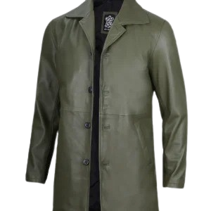 Mens Olive Green Leather Car Coat