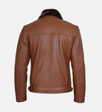 Cognac Leather Shearling Moto Jacket for Men