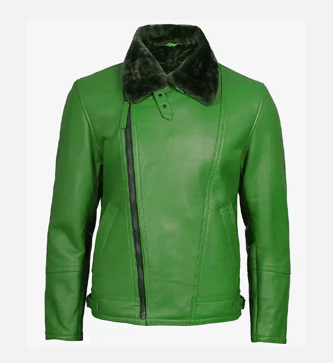 Green Shearling Leather Moto Jacket for Men