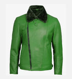 Green Shearling Leather Moto Jacket for Men
