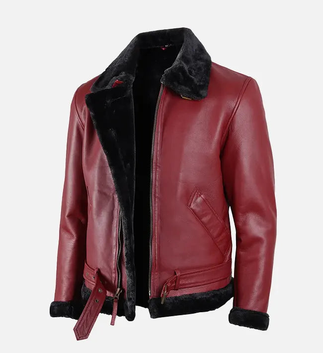 Mens Maroon Leather Shearling Jacket