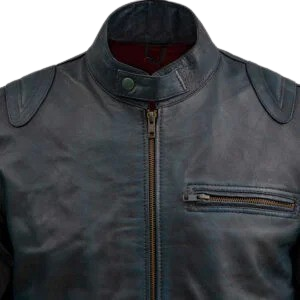 Blue Waxed Leather Jacket With Red Shade