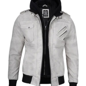 Mens Off White Waxed Leather Jacket with Hood
