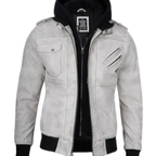 Mens Off White Waxed Leather Jacket with Hood