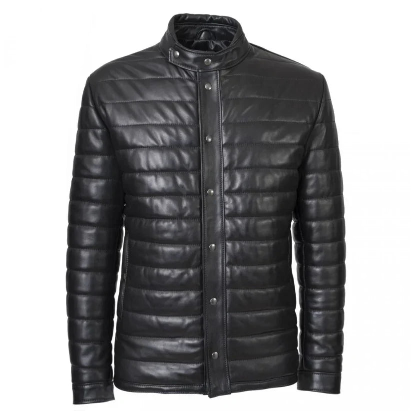 Black Leather Puffer Winter Jacket