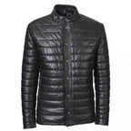 Black Leather Puffer Winter Jacket