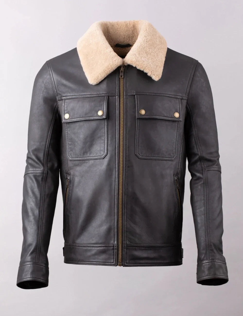 Black Real Leather Shearling Bomber Jacket for Men