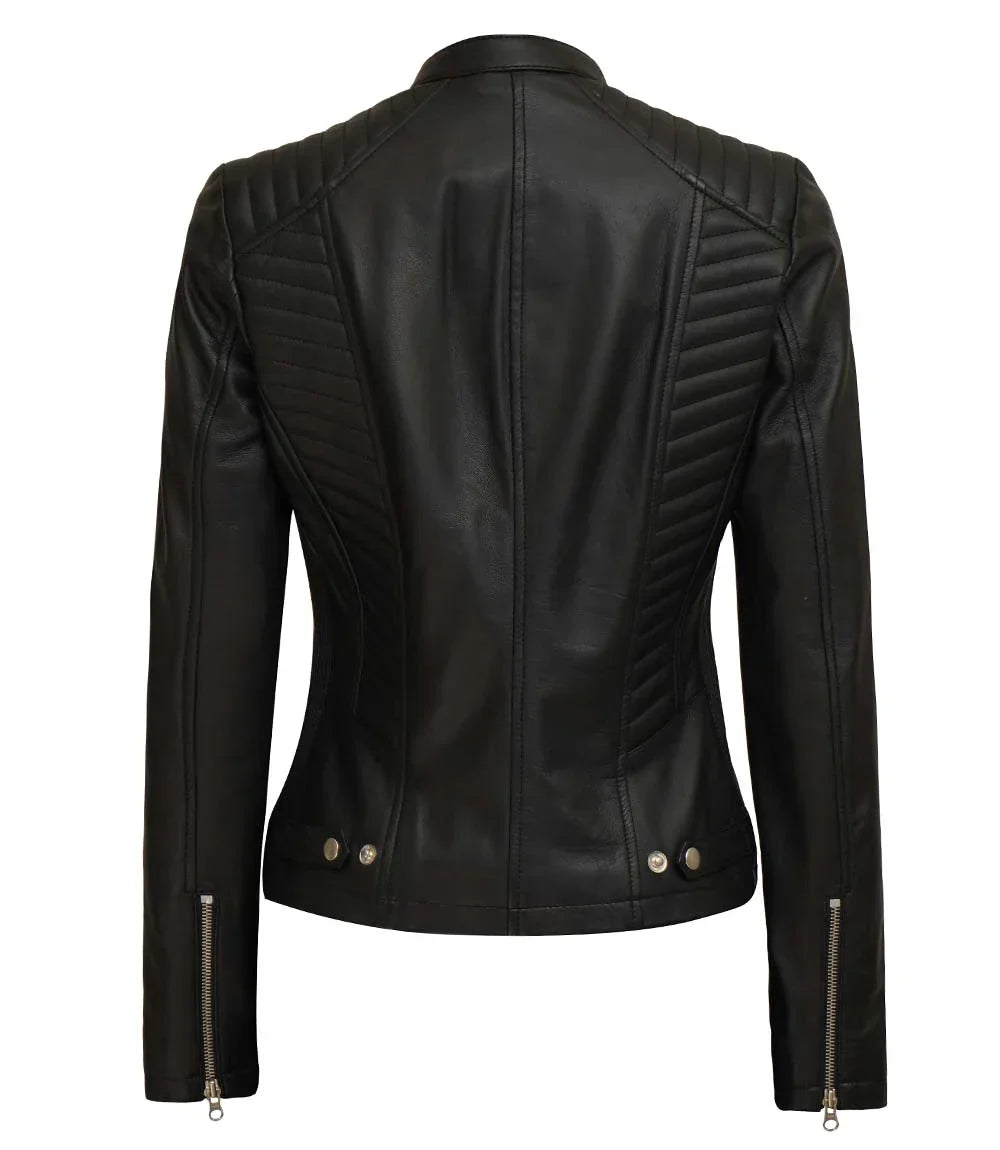 Womens Black Real Leather Cafe Racer Jacket