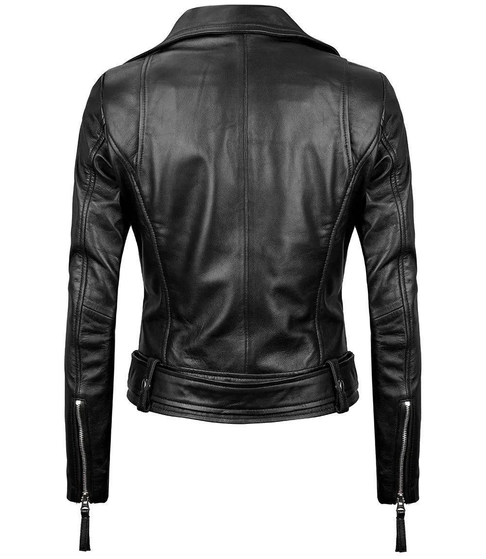 Womens Asymmetrical Real Black Leather Biker Jacket