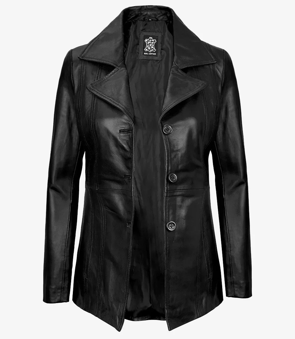 Bitonto Womens Black Leather Coat - 3/4 Length