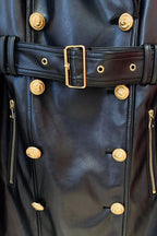 Womens Black Long Leather Trench Coat