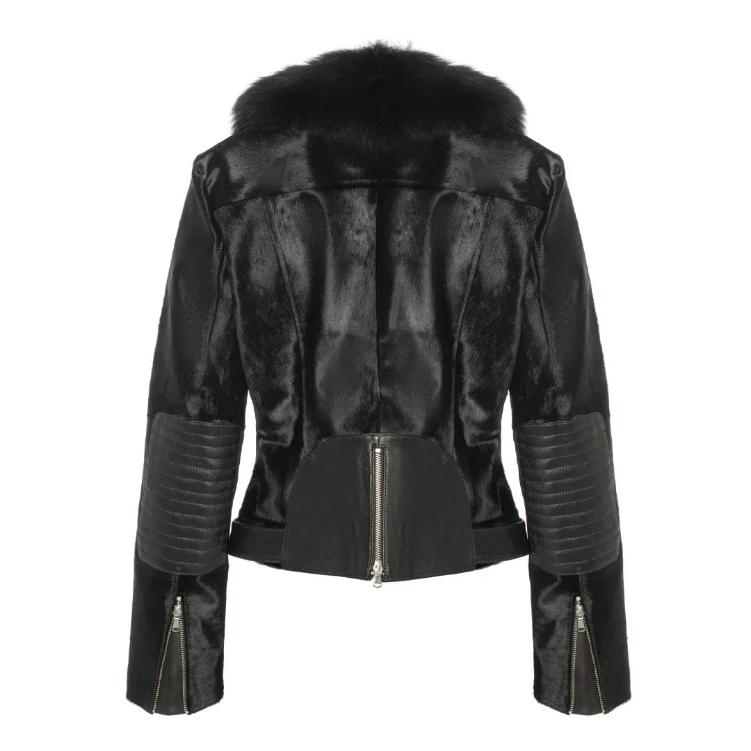 Womens Tara Calf Black Fur Leather Jacket
