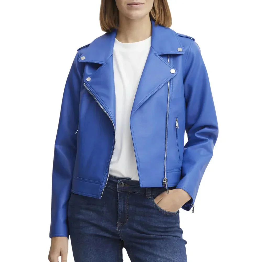 Womens Blue Moto Jacket With Asymmetrical Zipper