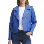 Womens Blue Moto Jacket With Asymmetrical Zipper