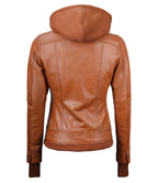Womens Tan Waxed Bomber Detachable Hood Leather Jacket