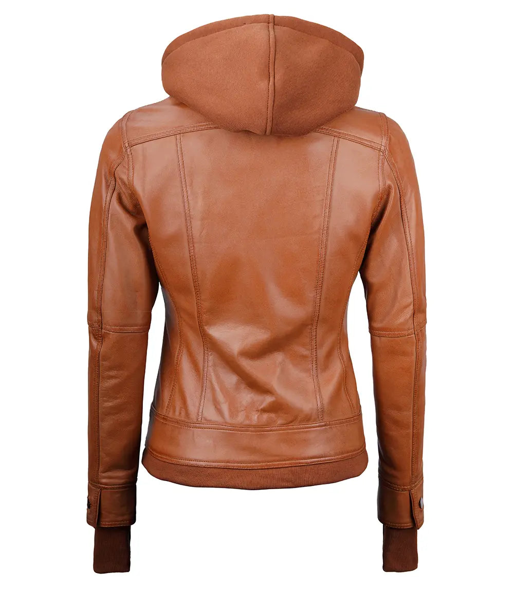 Womens Tan Waxed Bomber Detachable Hood Leather Jacket