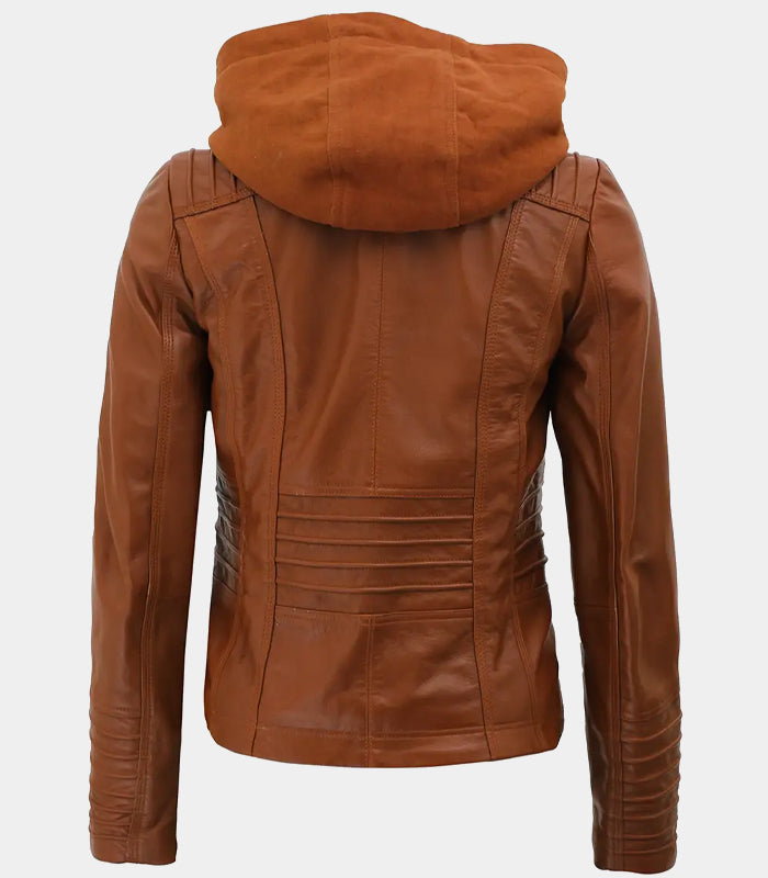 Cognac Brown Womens Leather Jacket With Removable Hood