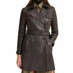Women Brown Leather Belted Trench Coat