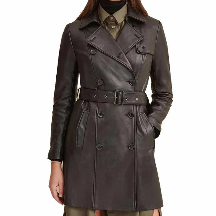 Women Brown Leather Belted Trench Coat