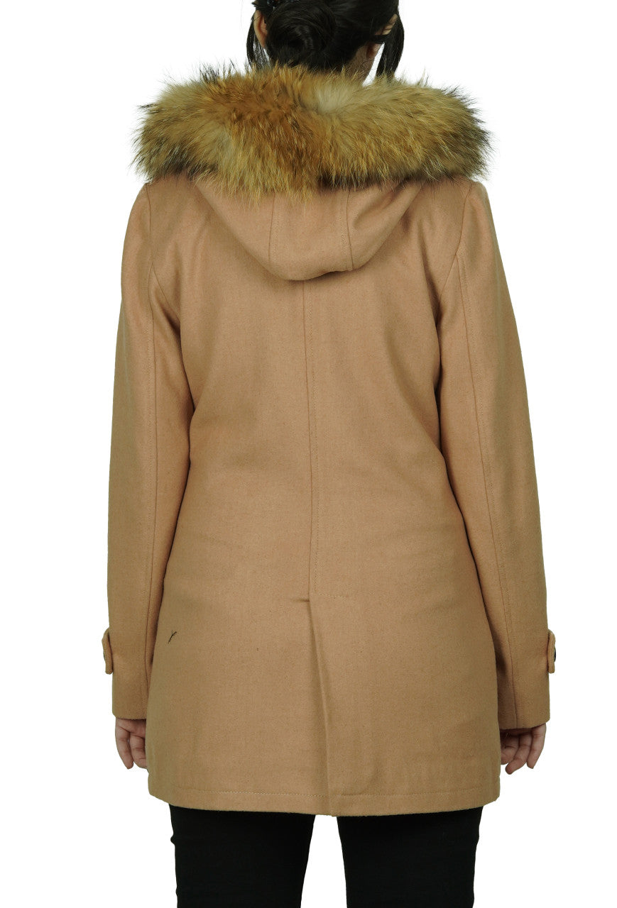 Womens Camel Brown Fur Hooded Wool Duffle Coat