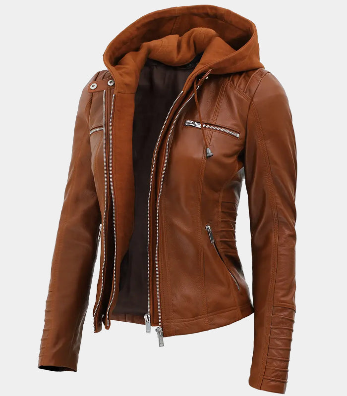 Cognac Brown Womens Leather Jacket With Removable Hood