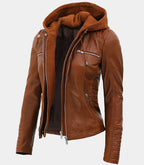 Cognac Brown Womens Leather Jacket With Removable Hood