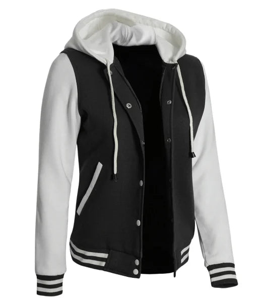 Womens Black And White Letterman Hooded Varsity Jacket