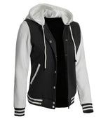 Womens Black And White Letterman Hooded Varsity Jacket