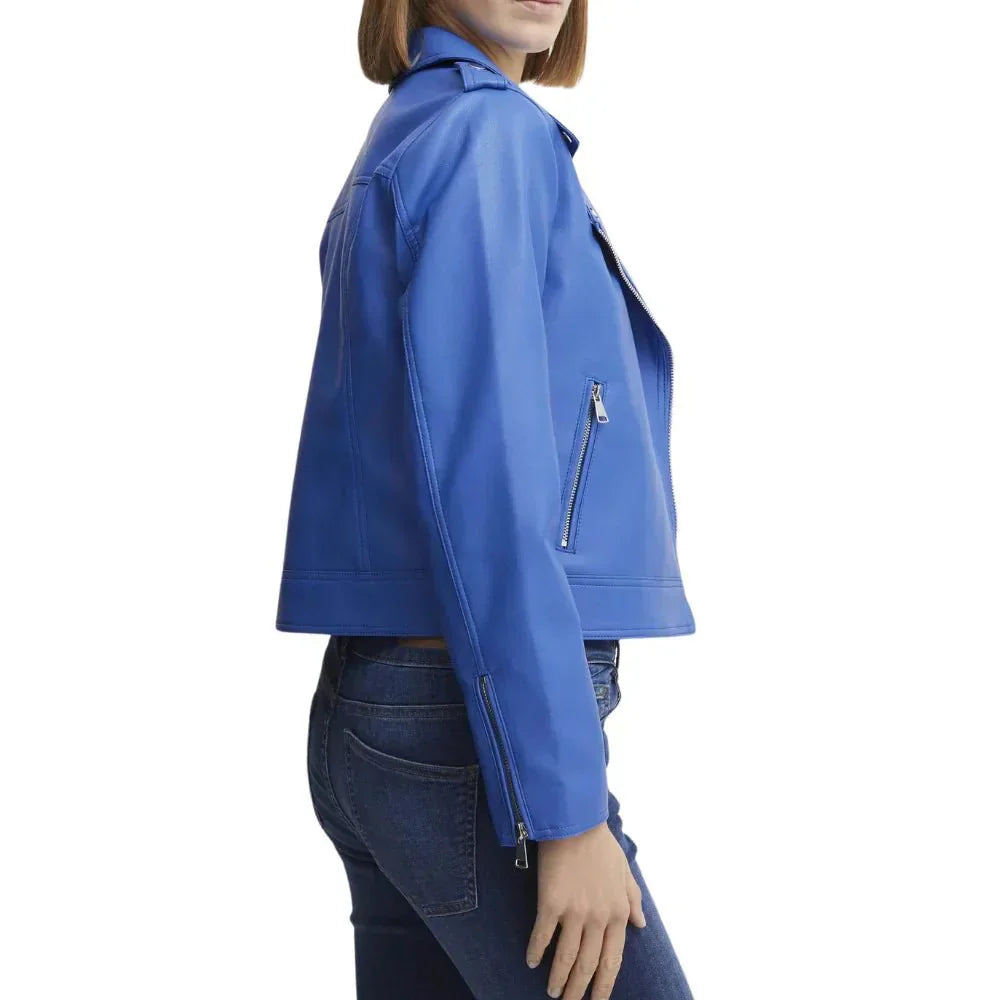 Womens Blue Moto Jacket With Asymmetrical Zipper