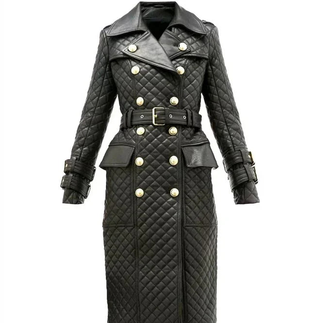 Womens Double Breasted Quilted Leather Trench Coat