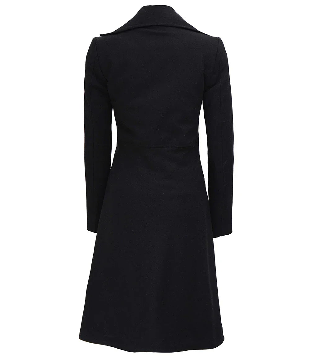 Womens Black Double Breasted Wool Trench Coat