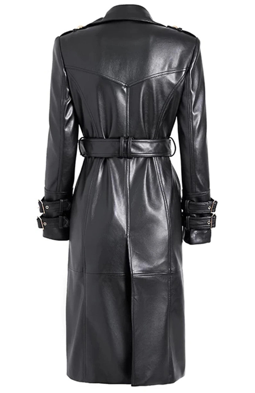 Womens Black Long Leather Trench Coat