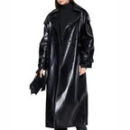Women Genuine Leather Black Trench Coat