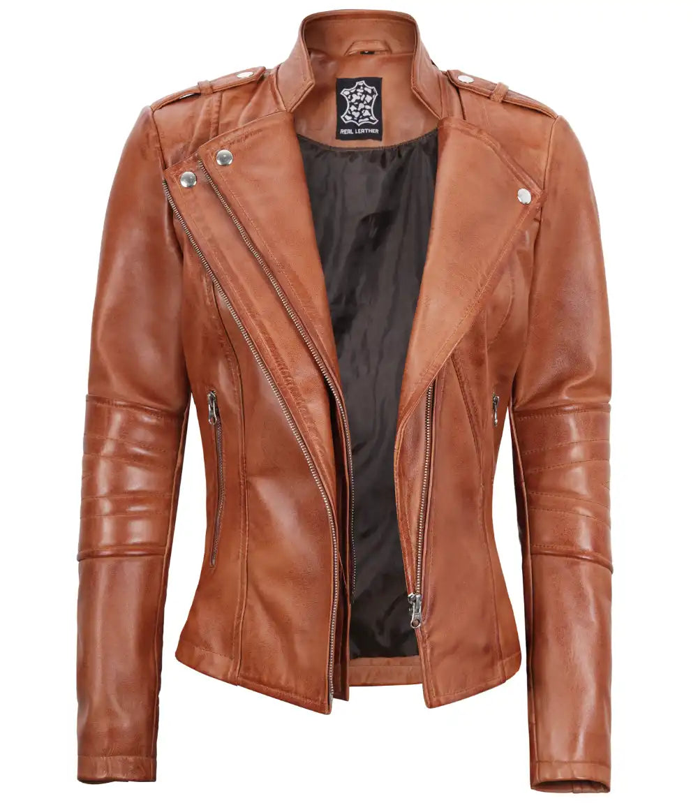 Womens Tan Real Leather Motorcycle Jacket